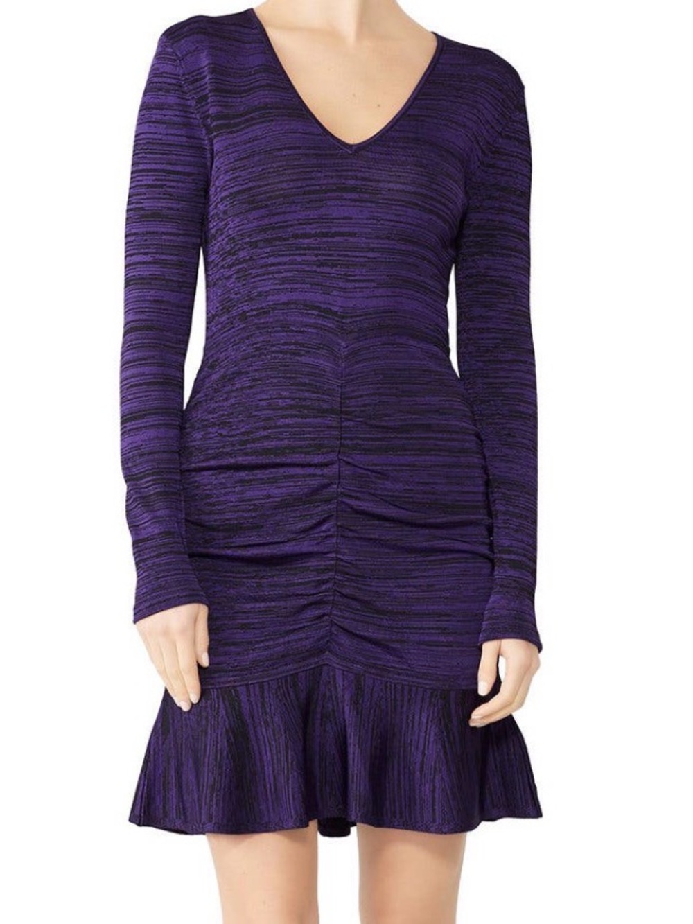 Parker Purple Long Sleeve V-Neck Ruched Knit Dress